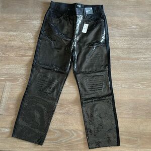Express High Waisted Sequin Front Ripped Raw Hem Straight Ankle Jeans